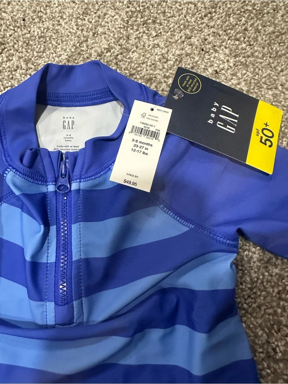 NWT Baby Gap Striped Rash Guard Swimsuit Blue UPF 3-6 months
